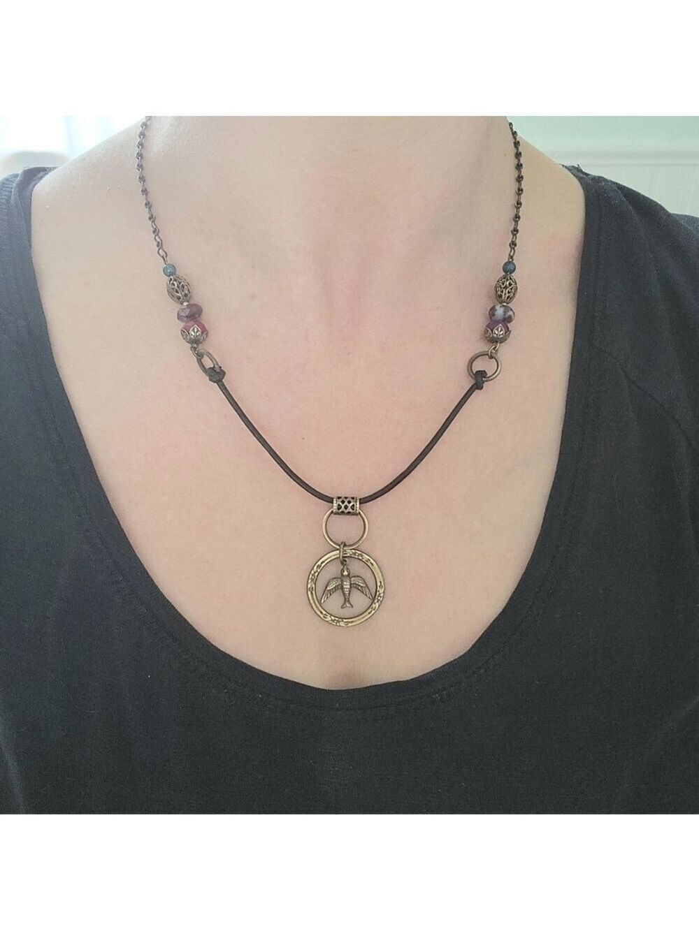 Garden Ring Bird Charm Beaded Gemstone Necklace